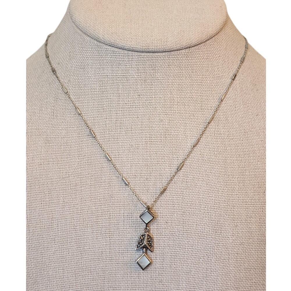 Vintage 925 Sterling Bar Chain Mother of Pearl Marcasite Dangle Necklace